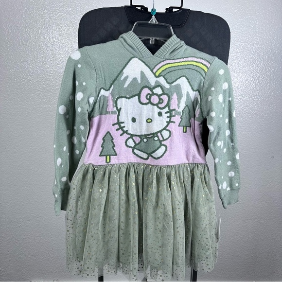 Hello Kitty Green Pink Long Sleeve Babydoll Dress - Picture 1 of 6